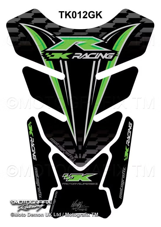 Kawasaki zx6r zx9r zx10r etc zxr Black Green Motorcycle Tank Pad Protector Motografix 3D Gel TK012GK
