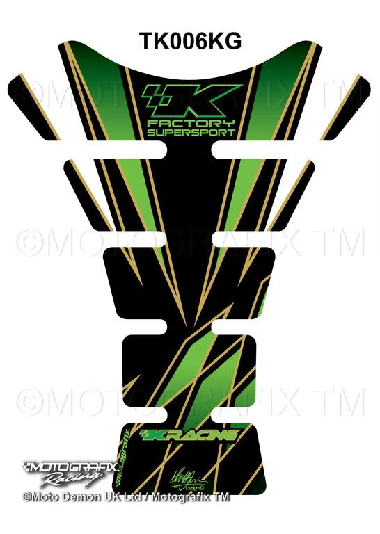 Kawasaki zx6 zx7 zx9 zx10 etc Black Green Motorcycle Tank Pad Protector Motografix 3D Gel TK006KG