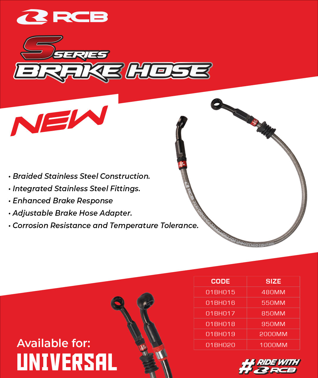 RCB BRAKE HOSE S SERIES 850MM - TITANIUM | Part 01BH017T