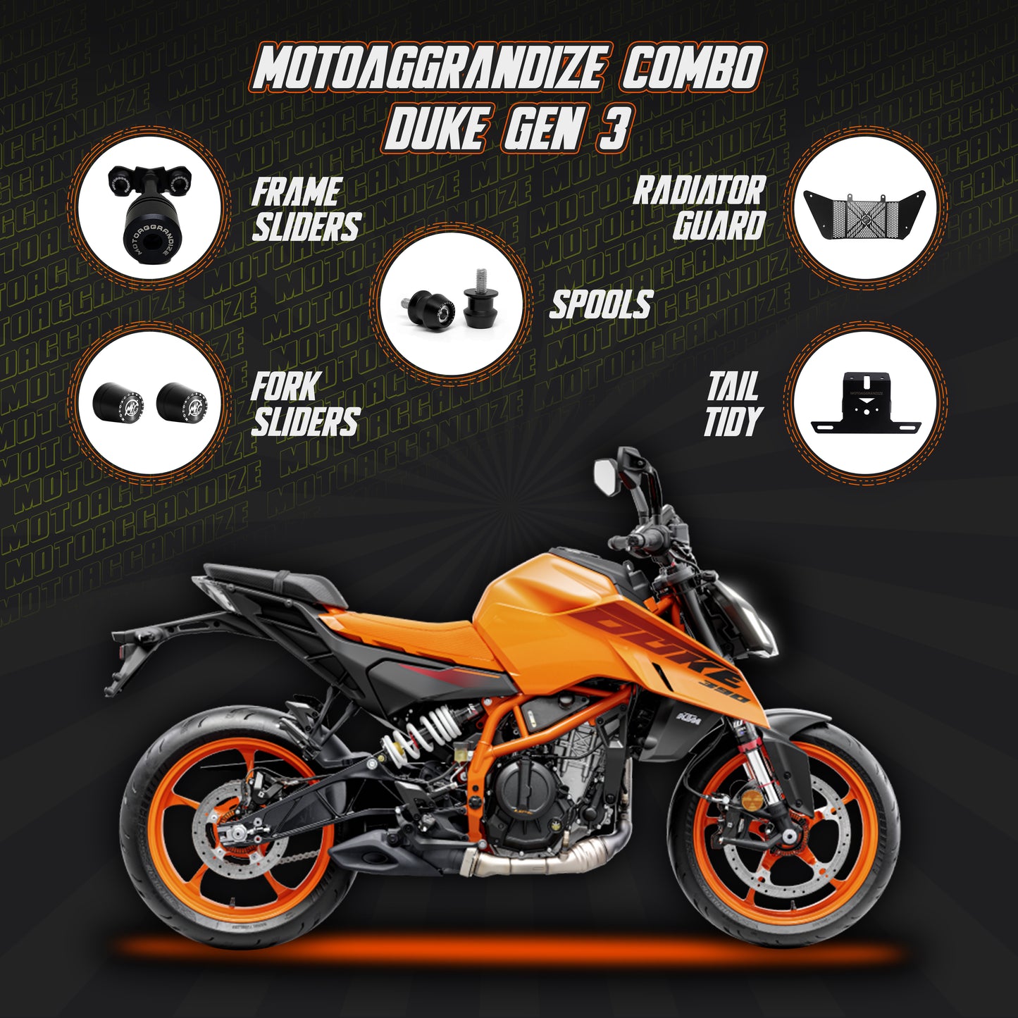 KTM Duke 250/ 390 Gen 3 Combo | Frame Sliders, Tail Tidy, Fork Sliders, Radiator Guard, Spools