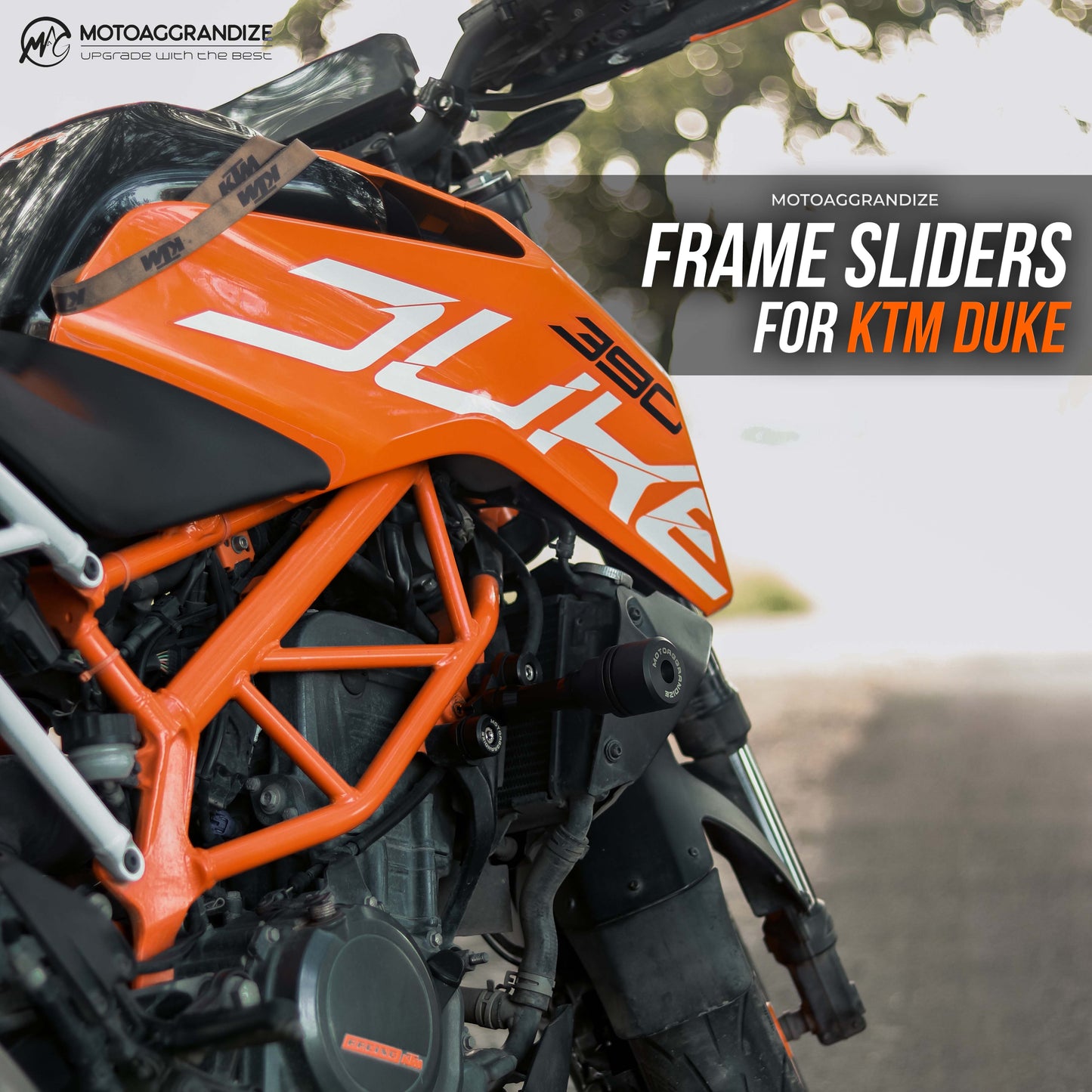 KTM Duke 125/ 200/ 250/ 390 Combo | Frame Sliders, Compact Tail Tidy, Radiator Guard, Fork Sliders, Handlebar Raisers  2-inch